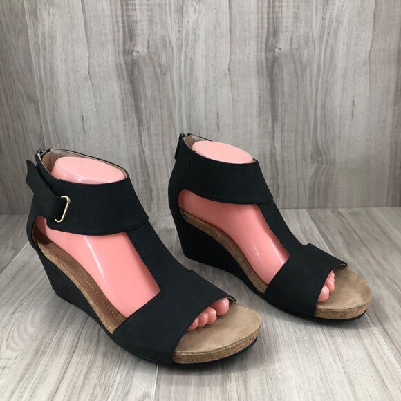 Adrienne Vittadini Wedge Sandals Womens 8.5M Trellis Black Back Zip Shoes - Picture 1 of 13